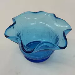 Blue Ruffled Rim Crackled Glass Bowl 5 Inch
