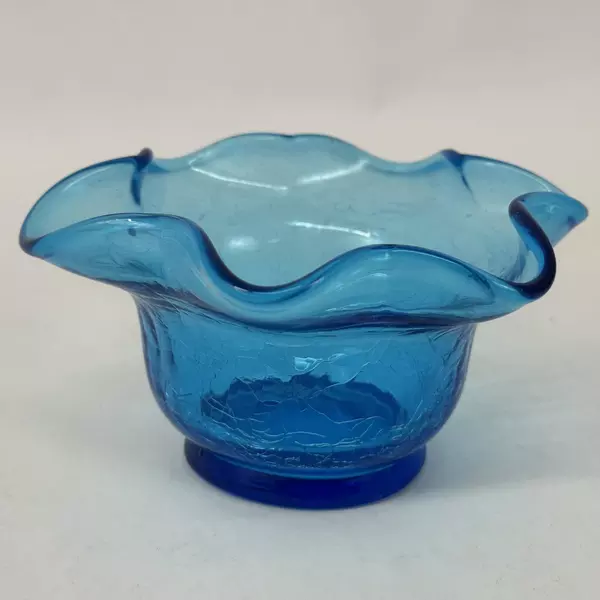 Blue Ruffled Rim Crackled Glass Bowl 5 Inch