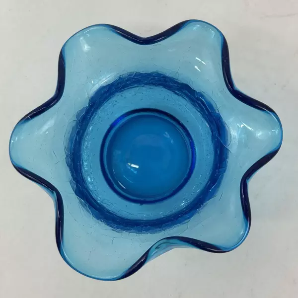 Blue Ruffled Rim Crackled Glass Bowl 5 Inch