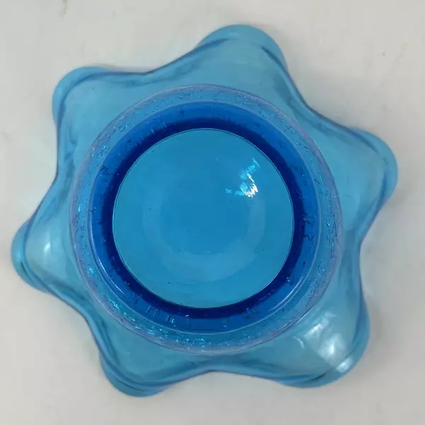 Blue Ruffled Rim Crackled Glass Bowl 5 Inch