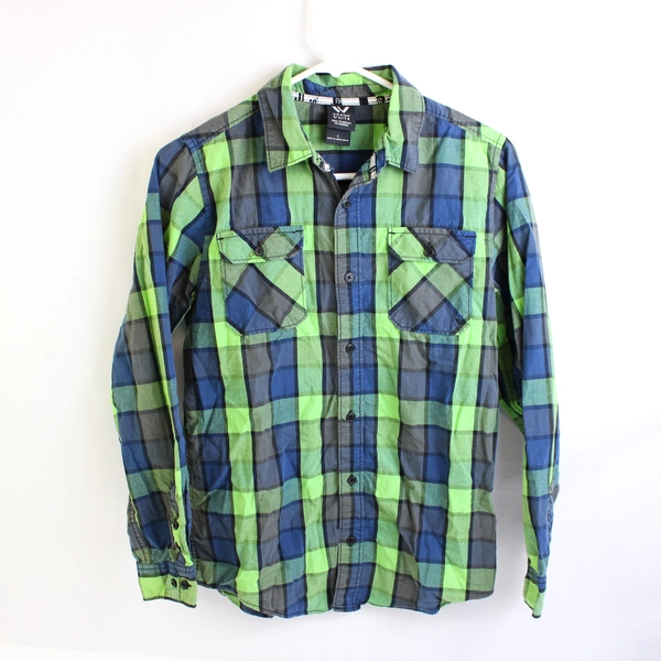 Shawn White Green Blue and Gray Plaid Button-Up Boys' Large
