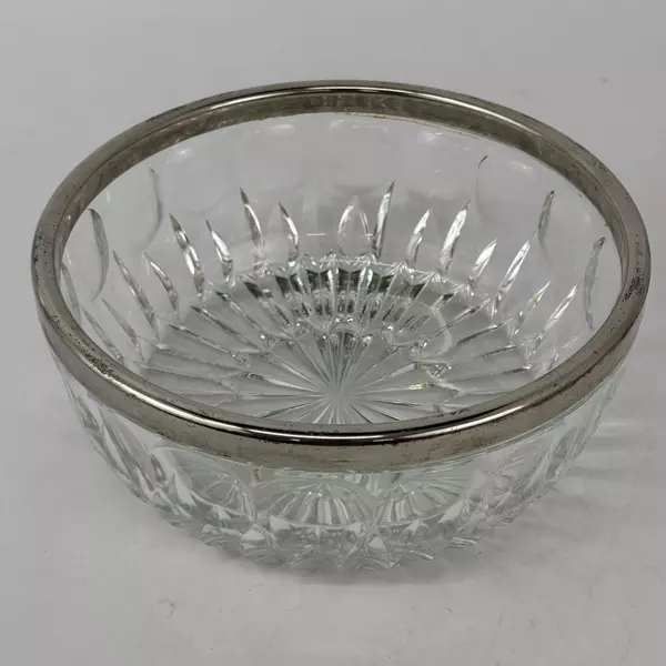 Vtg Crystal Bowl With Silver Plate Band Rim Starburst Thumbprint Pattern 9 Inch