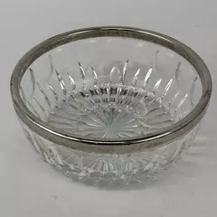 Vtg Crystal Bowl With Silver Plate Band Rim Starburst Thumbprint Pattern 9 Inch