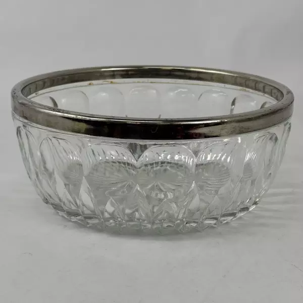Vtg Crystal Bowl With Silver Plate Band Rim Starburst Thumbprint Pattern 9 Inch