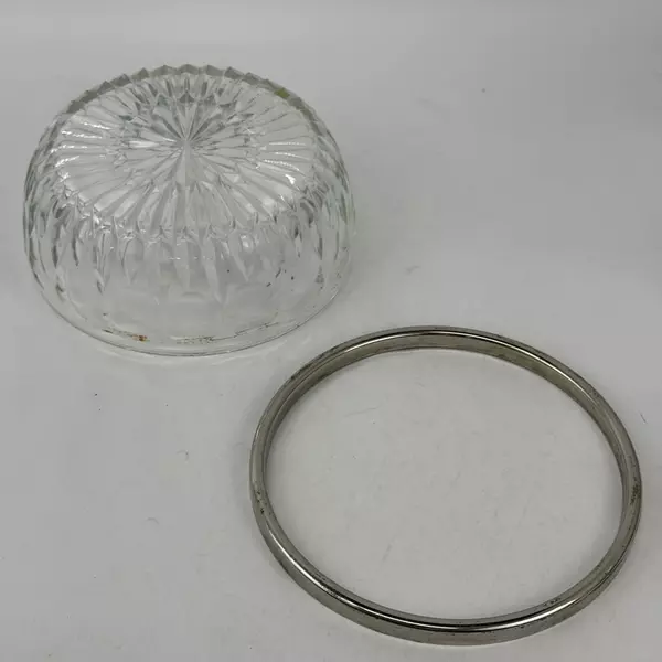 Vtg Crystal Bowl With Silver Plate Band Rim Starburst Thumbprint Pattern 9 Inch