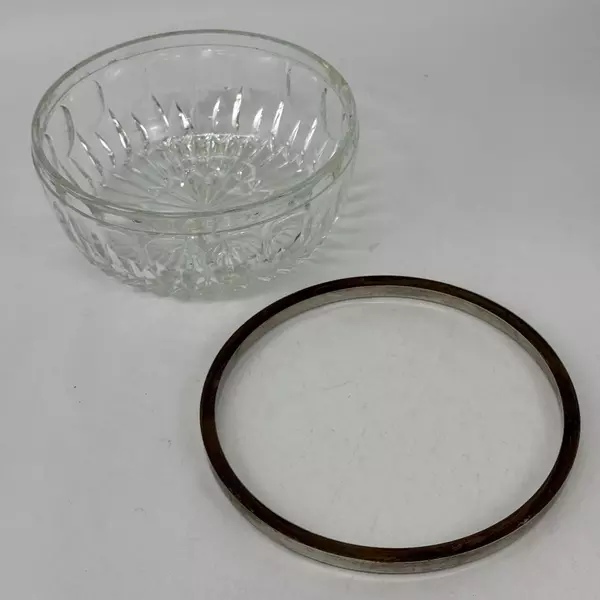Vtg Crystal Bowl With Silver Plate Band Rim Starburst Thumbprint Pattern 9 Inch
