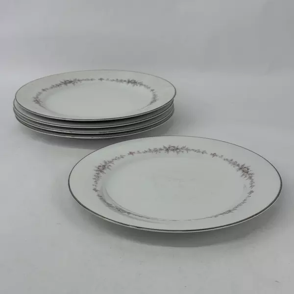 5 Vintage Noritake China Rosepoint Dinner Plates 6206 White Platinum Rim Roses
