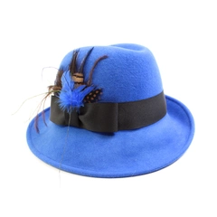 Vintage Uno Alla Volta Women's Blue Felt Fedora Hat Feather Accent