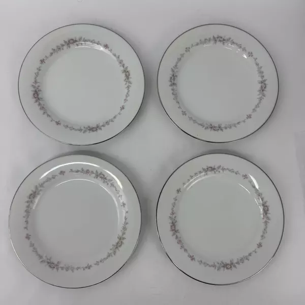 4 Vintage Noritake China Rosepoint Salad Plates 6206 White Platinum Rim Roses