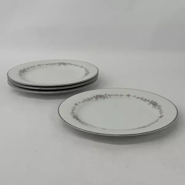 4 Vintage Noritake China Rosepoint Salad Plates 6206 White Platinum Rim Roses