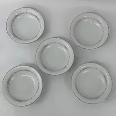 Set of 5 Vtg Noritake China Rosepoint Soup Bowls 6206 White Platinum Rim Roses