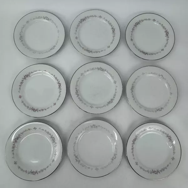 9 Vintage Noritake China Rosepoint Bread Plates 6206 White Platinum Rim Roses