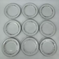 9 Vintage Noritake China Rosepoint Bread Plates 6206 White Platinum Rim Roses