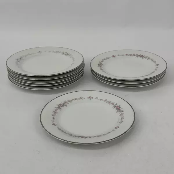 9 Vintage Noritake China Rosepoint Bread Plates 6206 White Platinum Rim Roses