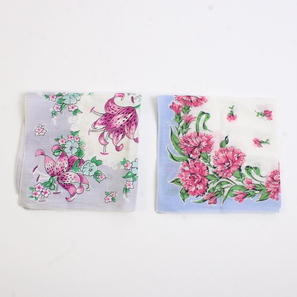Lot of 2 Vintage Floral Handkerchiefs Tiger Lilies and Carnations 12.5" x 12.5"