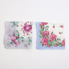 Lot of 2 Vintage Floral Handkerchiefs Tiger Lilies and Carnations 12.5" x 12.5"