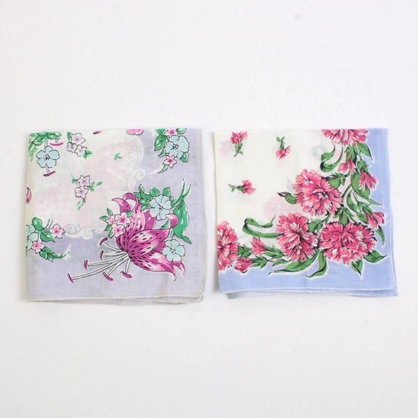 Lot of 2 Vintage Floral Handkerchiefs Tiger Lilies and Carnations 12.5" x 12.5"