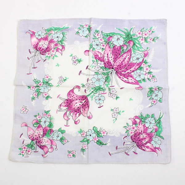Lot of 2 Vintage Floral Handkerchiefs Tiger Lilies and Carnations 12.5" x 12.5"