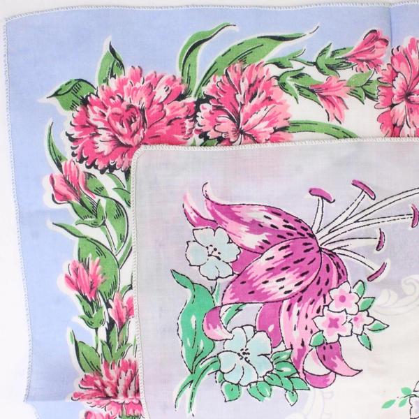 Lot of 2 Vintage Floral Handkerchiefs Tiger Lilies and Carnations 12.5" x 12.5"