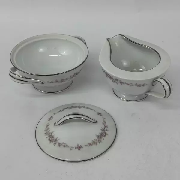 Vtg Noritake China Rosepoint Creamer Sugar Bowl 6206 White Platinum Rim Roses