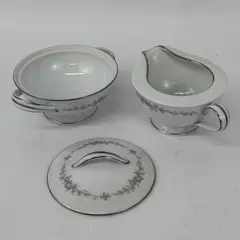 Vtg Noritake China Rosepoint Creamer Sugar Bowl 6206 White Platinum Rim Roses
