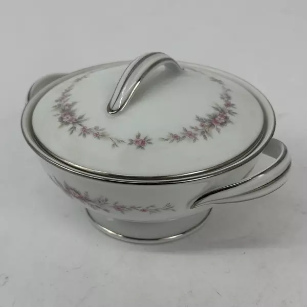 Vtg Noritake China Rosepoint Creamer Sugar Bowl 6206 White Platinum Rim Roses