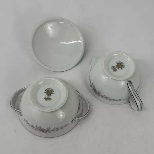 Vtg Noritake China Rosepoint Creamer Sugar Bowl 6206 White Platinum Rim Roses