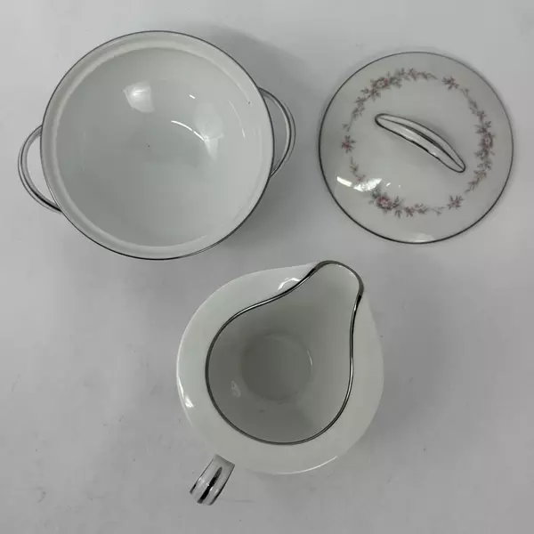 Vtg Noritake China Rosepoint Creamer Sugar Bowl 6206 White Platinum Rim Roses