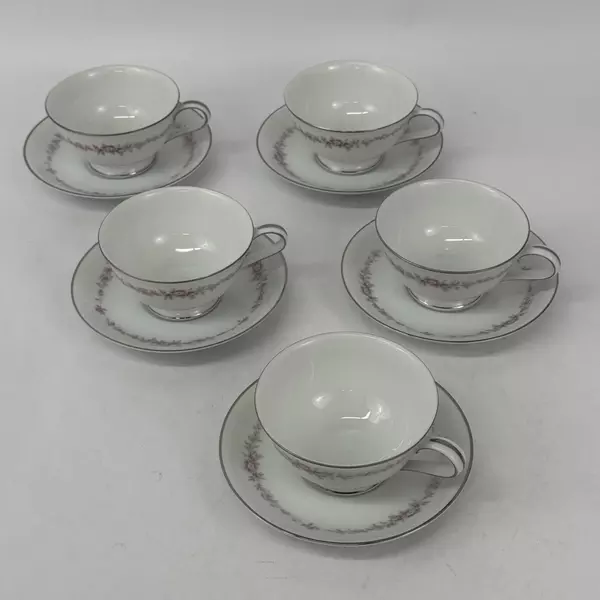 Set of 5 Vtg Noritake Rosepoint Cup and Saucers 6206 White Platinum Rim Roses