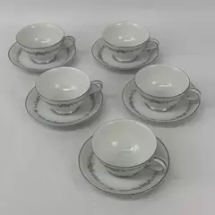 Set of 5 Vtg Noritake Rosepoint Cup and Saucers 6206 White Platinum Rim Roses