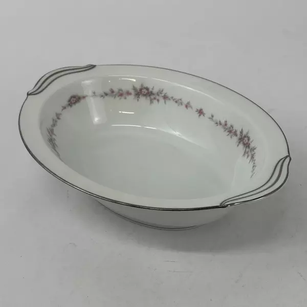 Vtg Noritake Rosepoint Oval Vegetable Bowl 6206 White Platinum Rim Roses