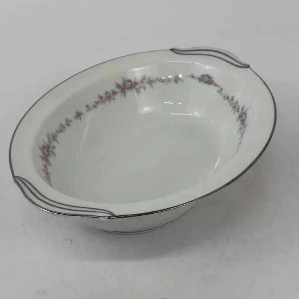 Vtg Noritake Rosepoint Oval Vegetable Bowl 6206 White Platinum Rim Roses