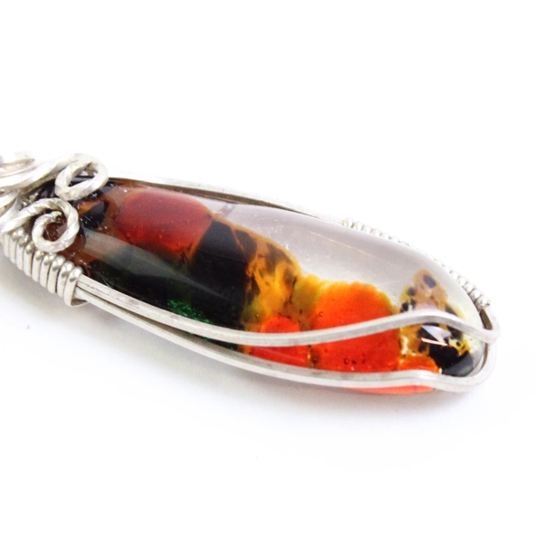 Silver-Tone Wire Wrapped Multicolor Glass Pendant