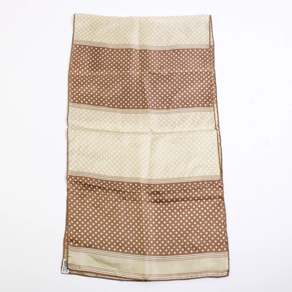 Vintage Sally Gee Women's Brown and Beige Silk Scarf White Polka Dots 11" x 41"
