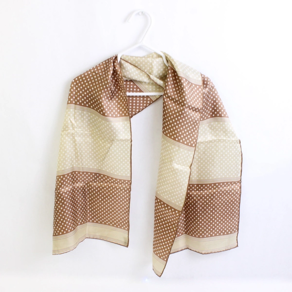 Vintage Sally Gee Women's Brown and Beige Silk Scarf White Polka Dots 11" x 41"