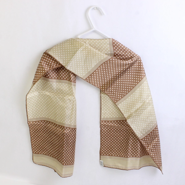 Vintage Sally Gee Women's Brown and Beige Silk Scarf White Polka Dots 11" x 41"