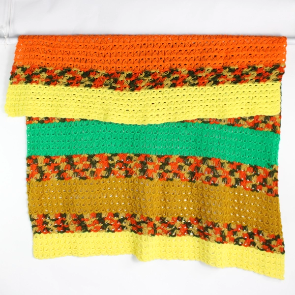 Handmade Orange Yellow and Green Knit Throw Blanket 76" x 80"