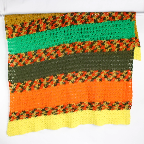Handmade Orange Yellow and Green Knit Throw Blanket 76" x 80"