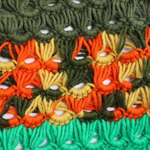 Handmade Orange Yellow and Green Knit Throw Blanket 76" x 80"