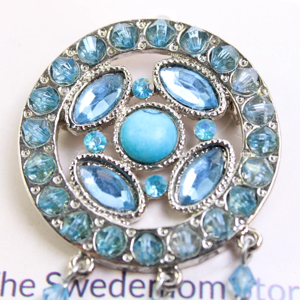 Vintage Aqua Blue Circular 1.6" Brooch with 2.6" Dangle