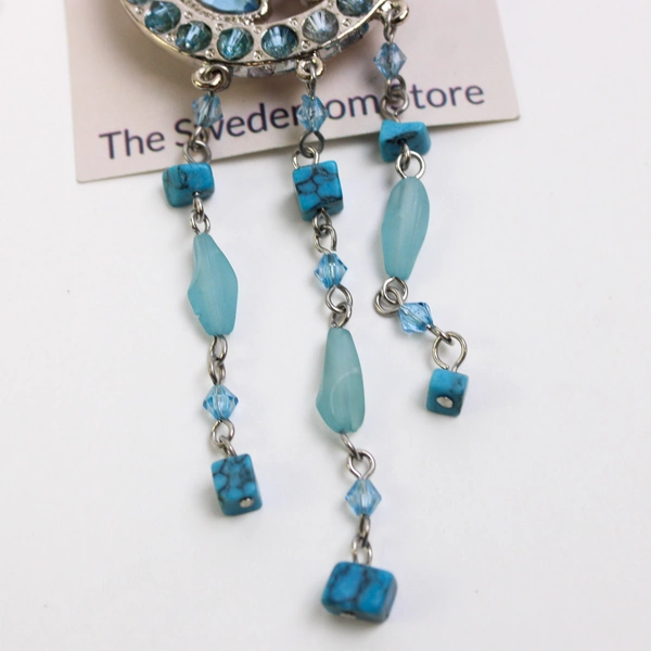 Vintage Aqua Blue Circular 1.6" Brooch with 2.6" Dangle