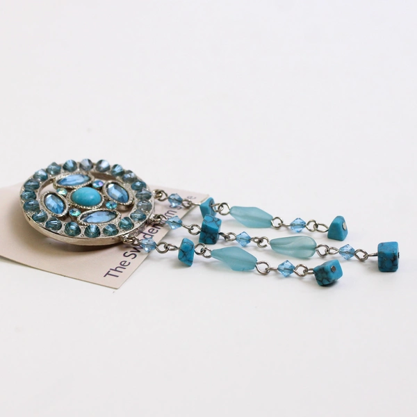Vintage Aqua Blue Circular 1.6" Brooch with 2.6" Dangle