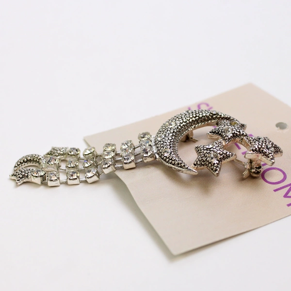Vintage Crescent Moon and Stars with Dangling Stones Brooch
