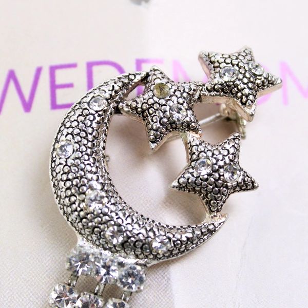 Vintage Crescent Moon and Stars with Dangling Stones Brooch