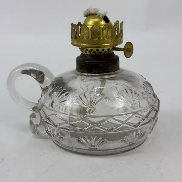 Vintage Glass Oil or Kerosene Lamp Base Fan Diamond Band Pattern