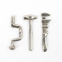 Lot of 3 Miniature Metal Doll House Tools Pipe Wrench Brace and Ball Peen Hammer