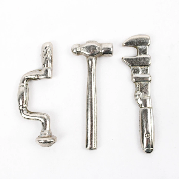 Lot of 3 Miniature Metal Doll House Tools Pipe Wrench Brace and Ball Peen Hammer