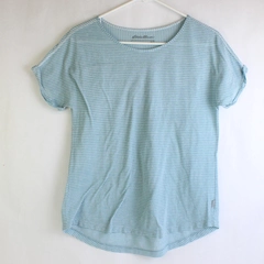 Eddie Bauer Light Blue and White Striped T-Shirt Women's Small