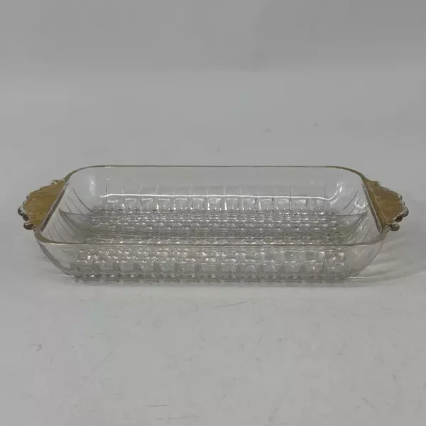 Vintage Anchor Hocking 2 Part Hobnail Relish Dish With Hand Painted Gold Handles