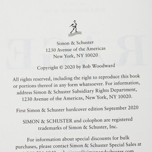 Rage By Bob Woodward 2020 Hardcover Simon & Schuster Publishing